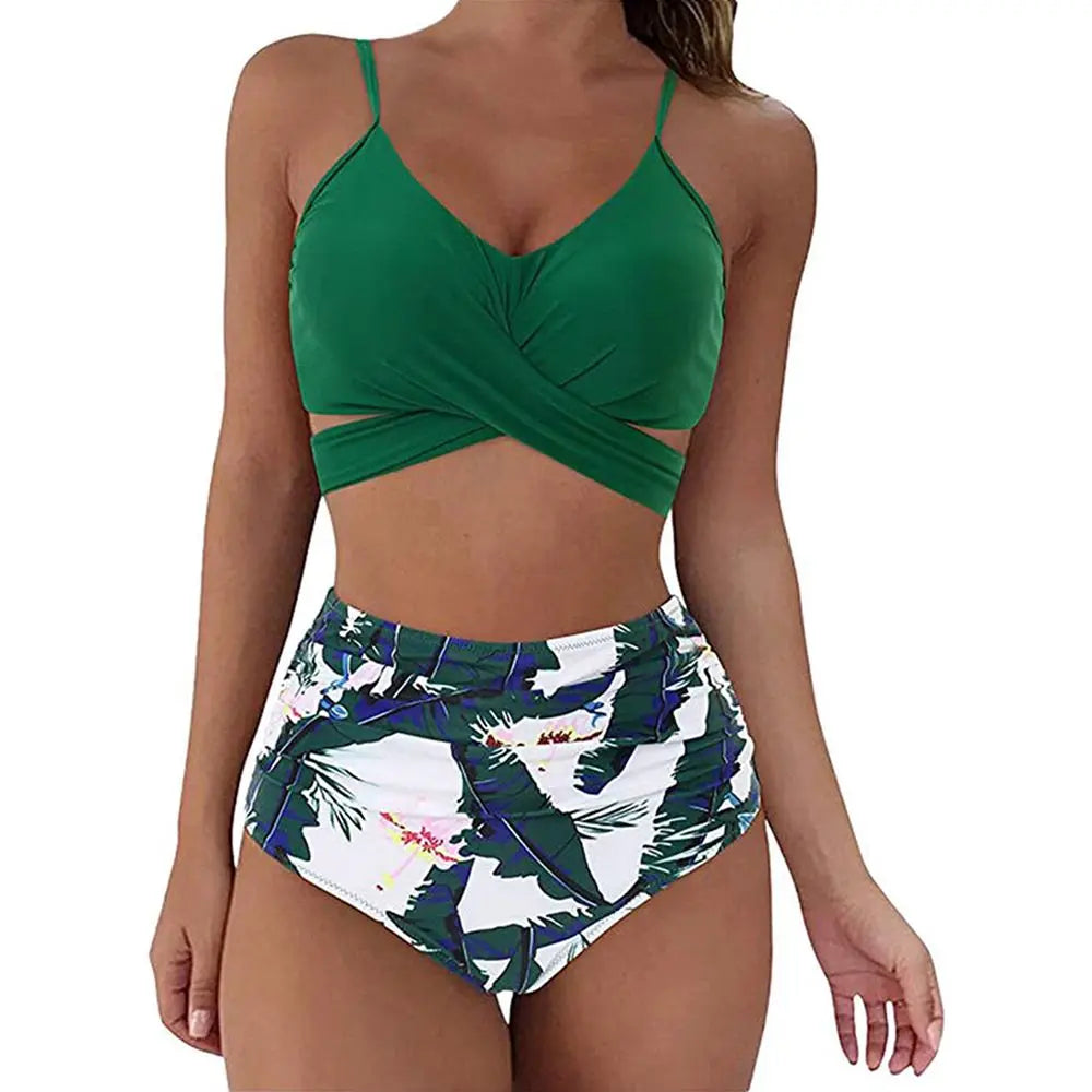 Hot 12 Colors Women Slim Bikini Sets High Waisted Sexy Swimwear 2 Pieces 2025 Solid/Floral Ruched Brazilian Swimsuit Cross Front