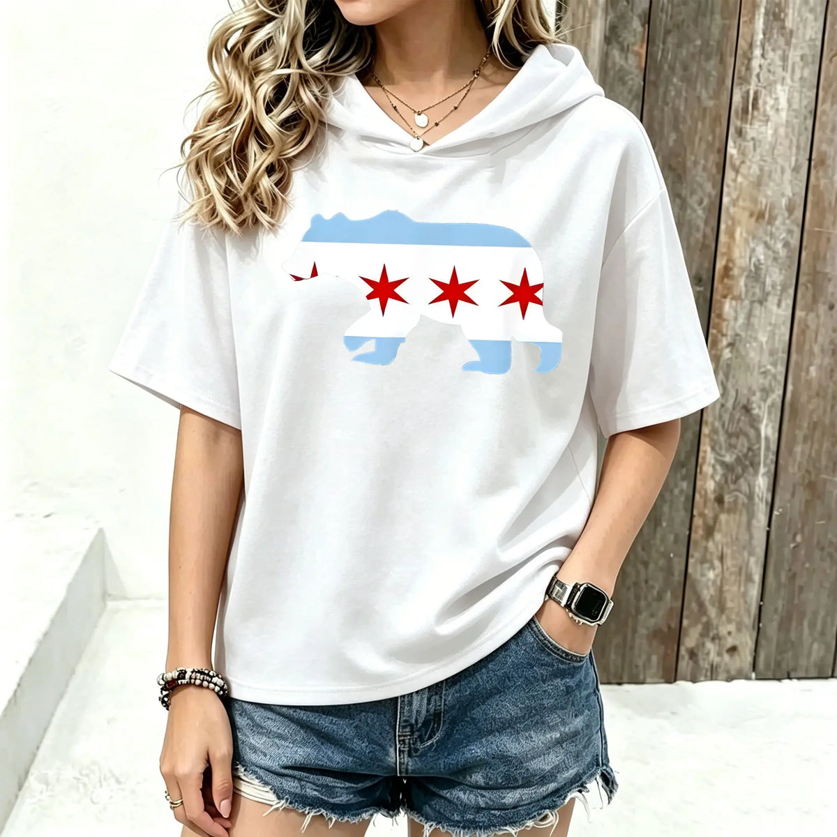 Women Short Sleeve Hooded T‑Shirt Chicago City Flag Bear Silhouette Graphic Print Spring Summer Loose Hoodie Tee Streetwear Casual Short Sleeve Hood Tops