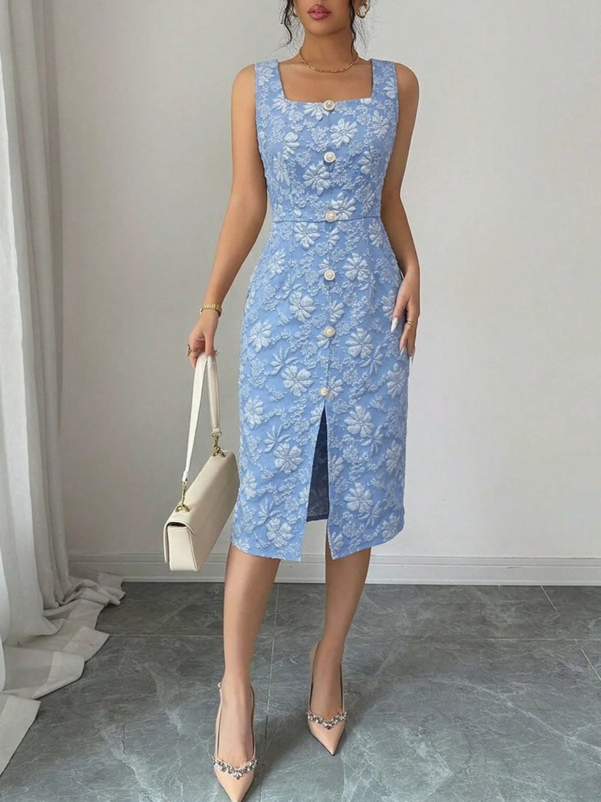 Women's Square-Neck, Single-Breasted Jacquard Midi Skirt; Sleeveless, Slim-Fit, Slit, Hip-Hugging Dress.