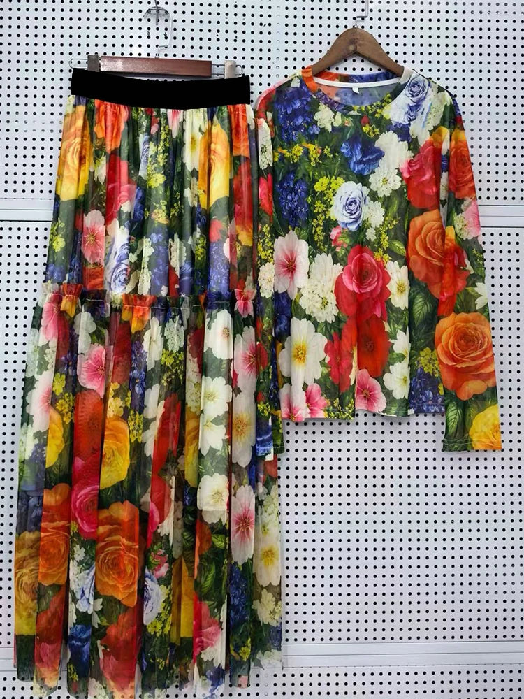 Set Retro Printed Knitted 2026 Autumn Women's Clothing Retro Printed Knitted Mesh T-shirt Two-piece Set + Elastic Waist Gathering Loose Skirt Fashion Suit