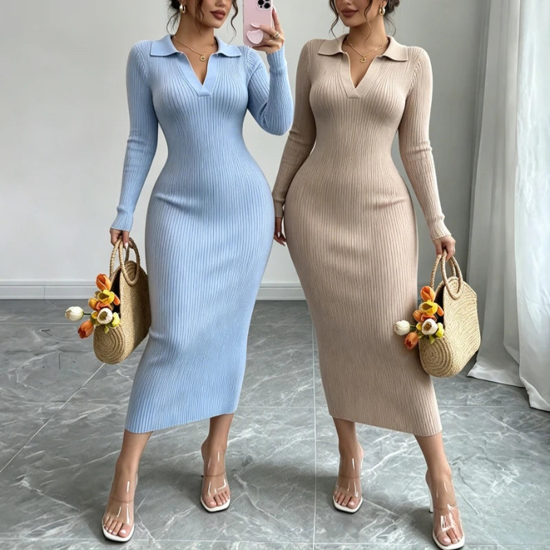 Women Knit Maxi Dress Lapel V Neck Long Sleeve Elastic Bodycon Sweater Dress Elegant Slim Fit Pencil Long Dress Party Outfit