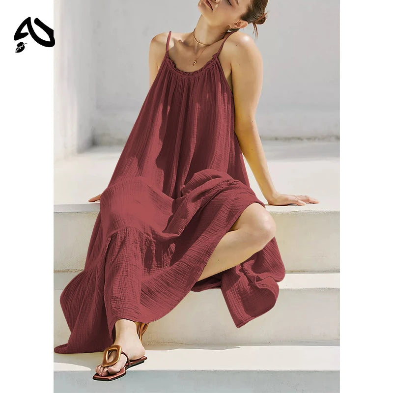Casual Dress Muslin Elagant Beach Bobo Dress Casual 100% Cotton Retro Maxi Dresses A-Line Sleeveless Summer Sundress Hoilday Travel