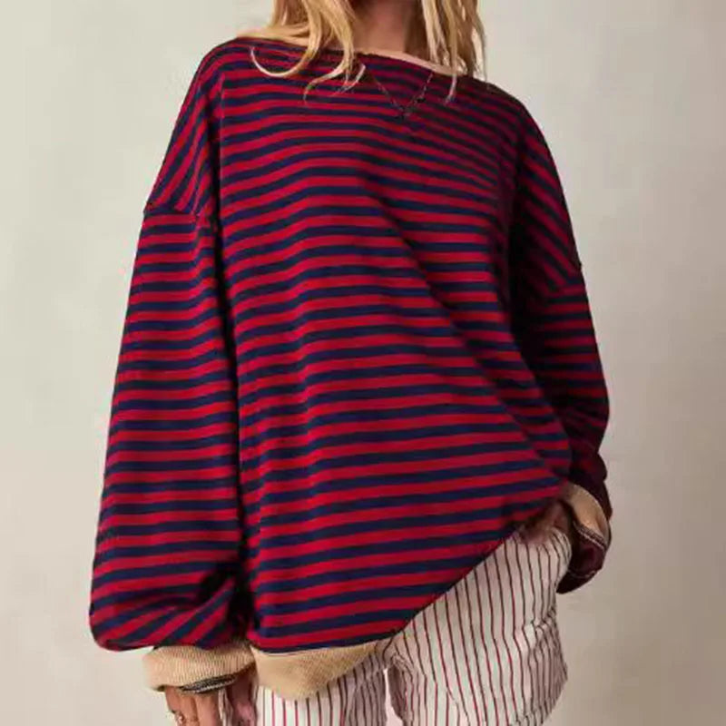 Women's Fall/Winter New Striped Round Neck Loose Casual Long Sleeve Sweatshirt Streetwear Harajuku Style Sweatshirt Jacket