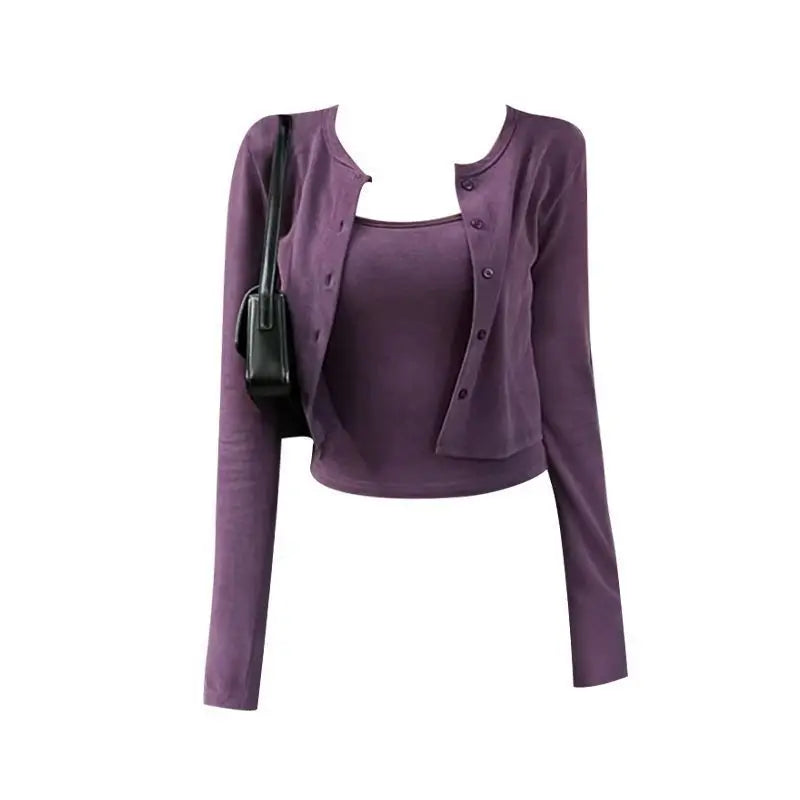 Set Retro Hong Kong Chic Purple Strap Outerwear Cardigan Two-Piece Set Women's Spring Autumn Fashion Casual Slimming Top