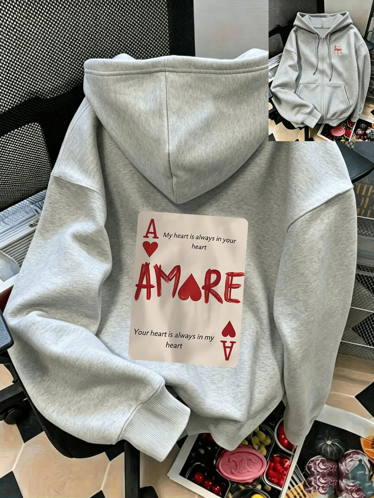Letter-Printed Zip-Up Hoodie, Casual Zip-Up Long-Sleeve Hoodie - Knitted Polyester Fabric, Perfect for Autumn and Winter.