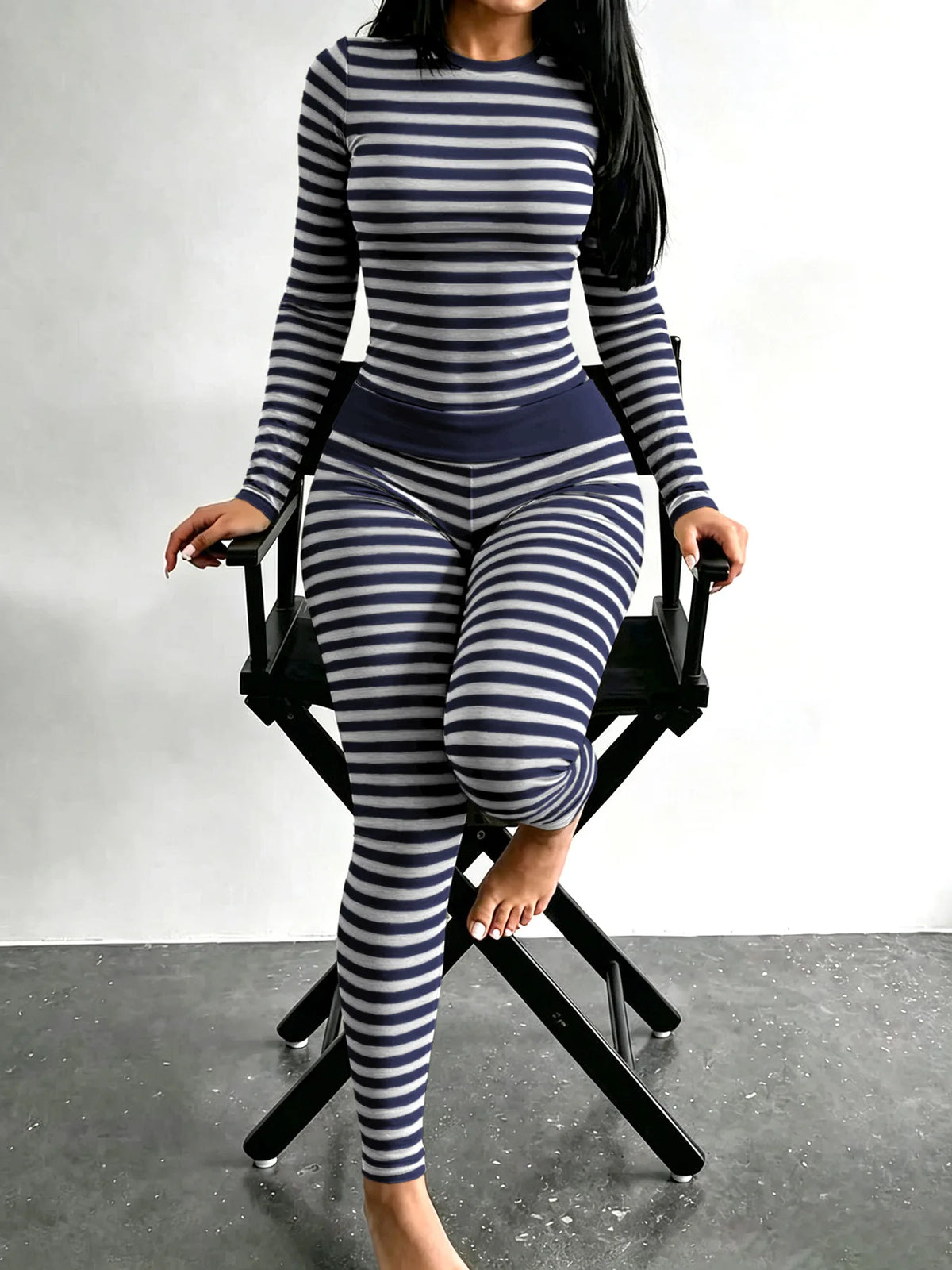 Women's Round Neck Striped Dual Color Long Sleeve Long Pants Fitness Casual Set Tight Home Wear 2026 European And American Cross