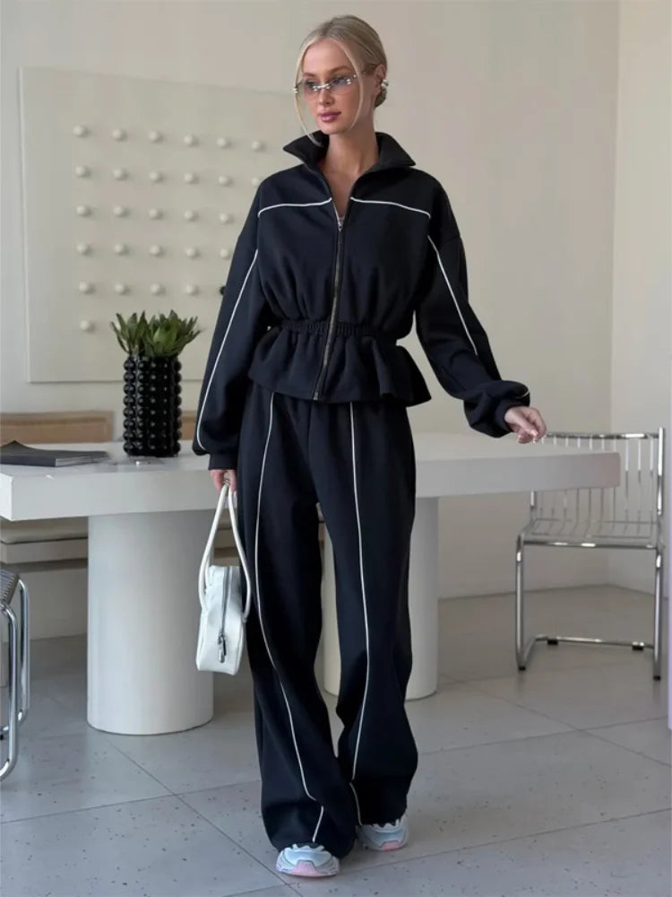 Matching Set Fashion Black Track Suit Jacket Two Piece Suit Women Zip Up Cinch Waist Coat Wide Leg Pants 2026 Autumn Lady Street Matching Set