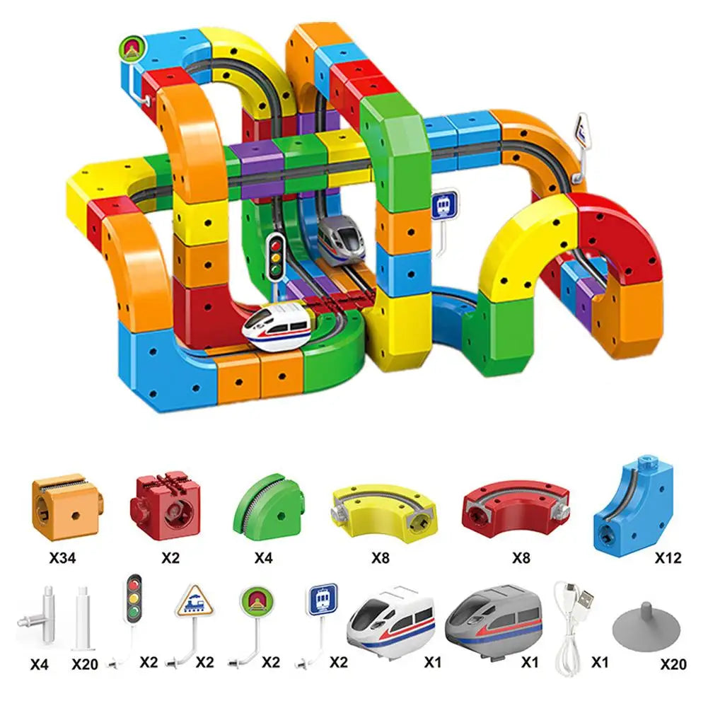 STEM Toys 51/81/123PCS Magical Track Train USB Rechargeable 3D Building Tracks Cube Rails STEM Educational Toys Christmas Birthday Gift