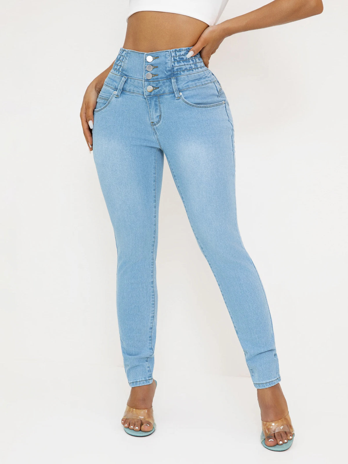 Women'S High-Waisted Stretch Denim Jeans - Sexy Slim Fit with Butt Lifting, Casual Style, Light Blue, All-Season Comfort, High W