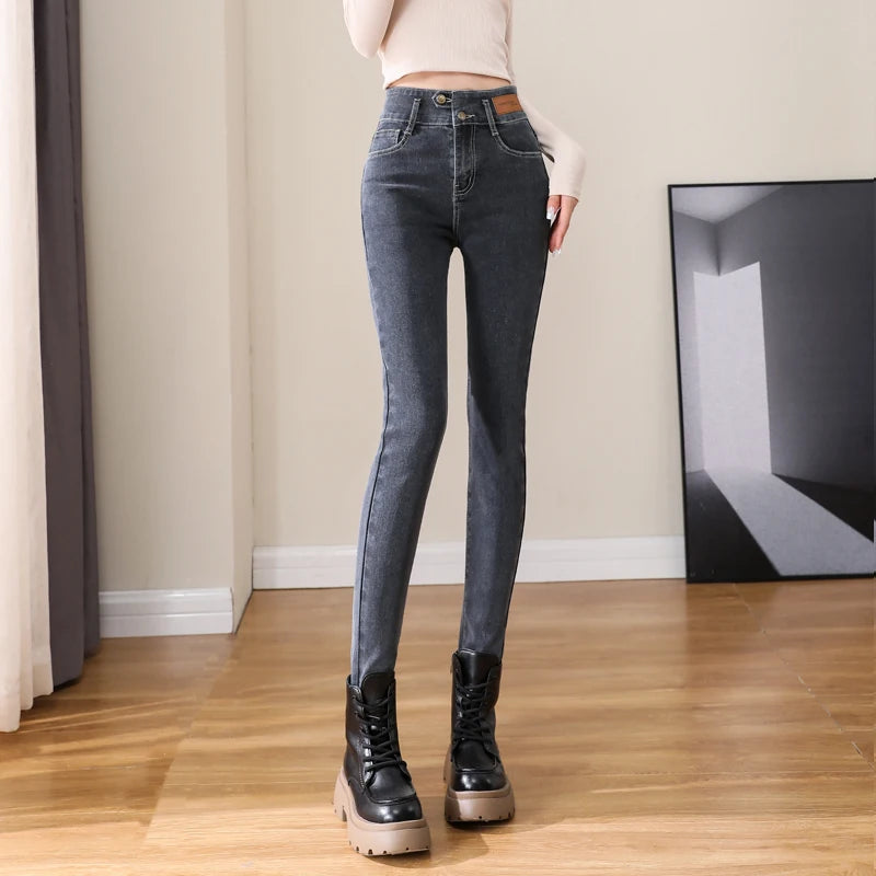 Autumn Woman Skinny Jeans High Waist Slim Korean Elastic Pencil Pants Female Fashion Denim Trousers Brand Grey Black