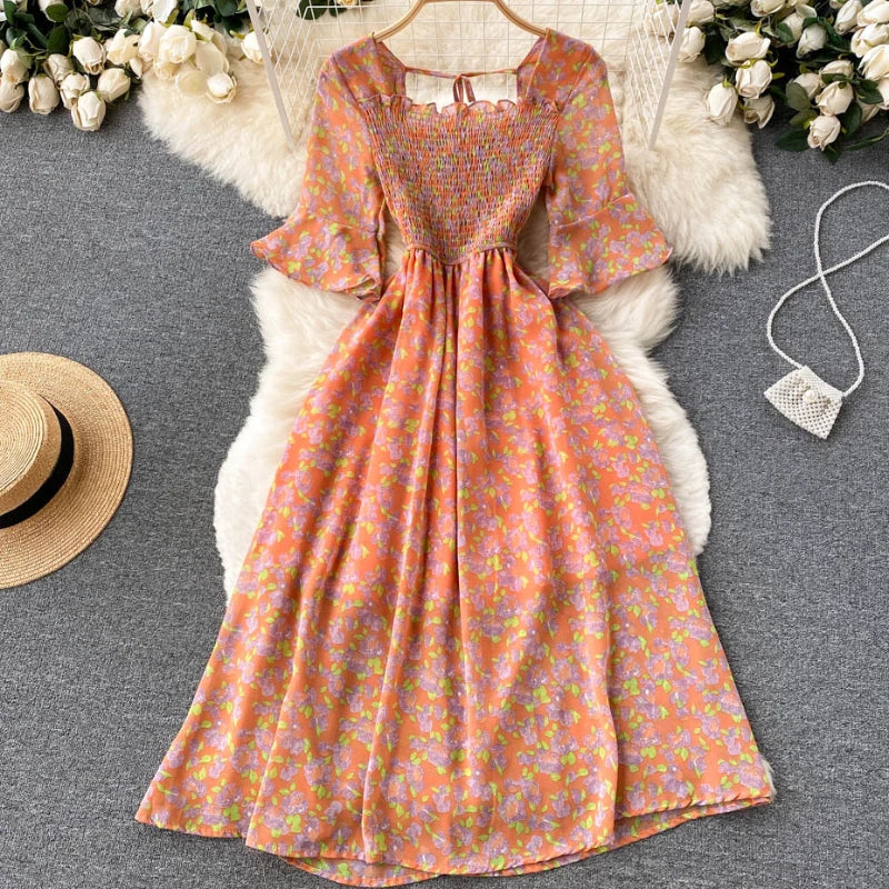 Fashion Summer Flower Print Long Dress Women Vintage Square Neck Ruched Chest Chiffon Sundress Party Vestidos
