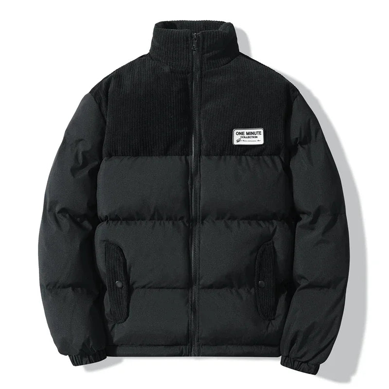 Corduroy Patchwork Embroidered Cotton Padded Jacket Men Winter Thicken Vintage Overcoat Tops Warm Parkas Stand Collar Loose Coat