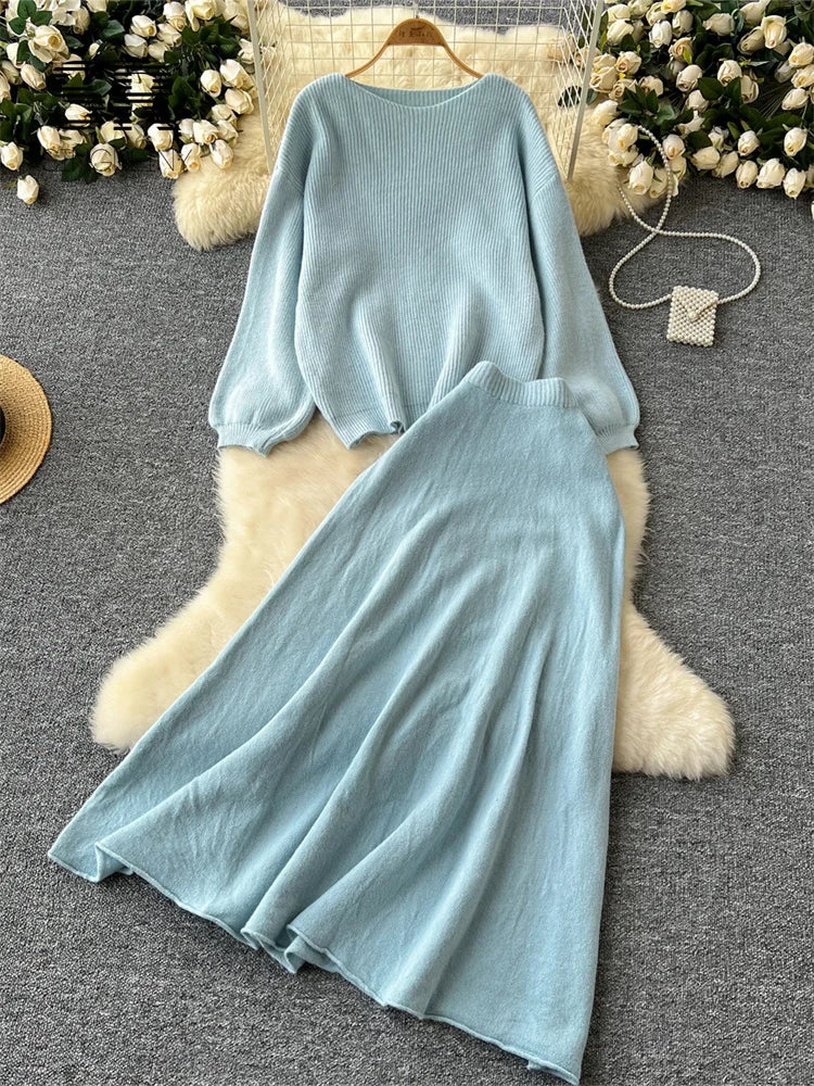 SINGREINY Gentle Korean 2pcs Suits Women Autumn Winter Loose Sweater+Elastic Waist Skirt Ladies Basics Knitting Two Pieces Sets