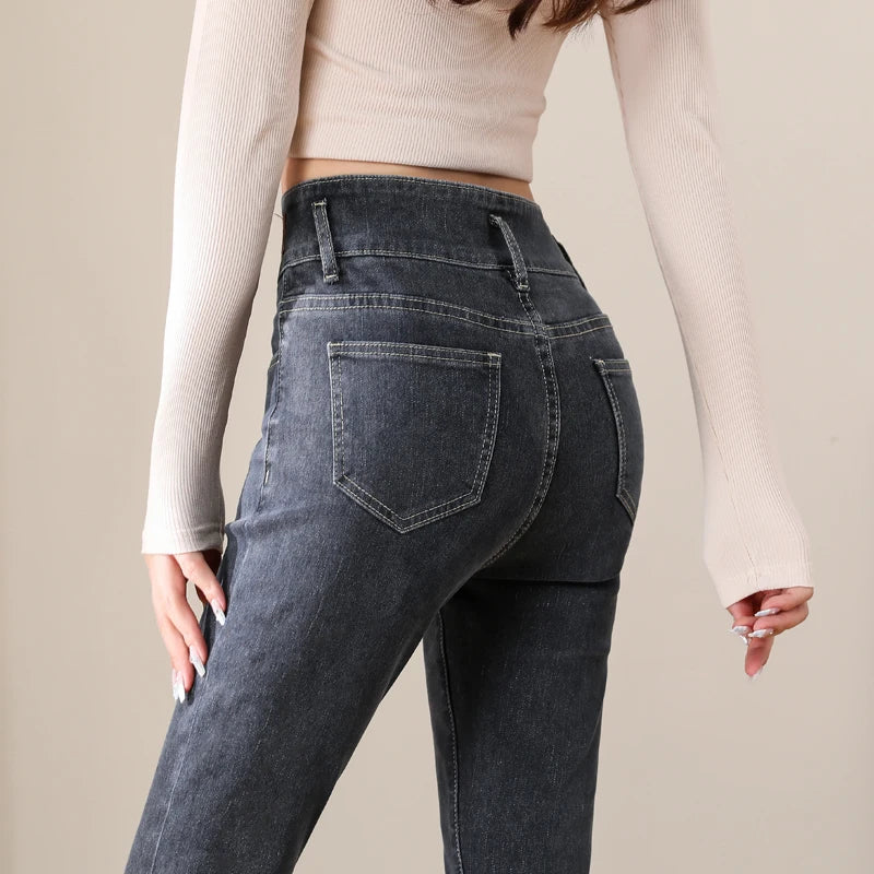 Autumn Woman Skinny Jeans High Waist Slim Korean Elastic Pencil Pants Female Fashion Denim Trousers Brand Grey Black