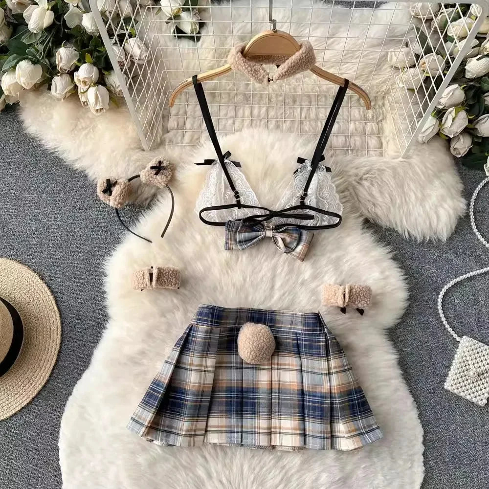 New Hotsweet 5 Pieces Sets Short Skirt Sailor Chic Women's Dress Sexy Pleated Suits Lace Bra Brief Plaid Mini Skirt Preppy Ins