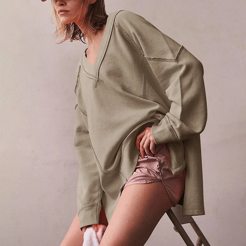 Sweatshirts 100% Cotton Oversized 100% Cotton Women Sweatshirts Long Sleeve Patchwork Open Side Streetwear Harajuku Pullovers Autumn Clothes For Women