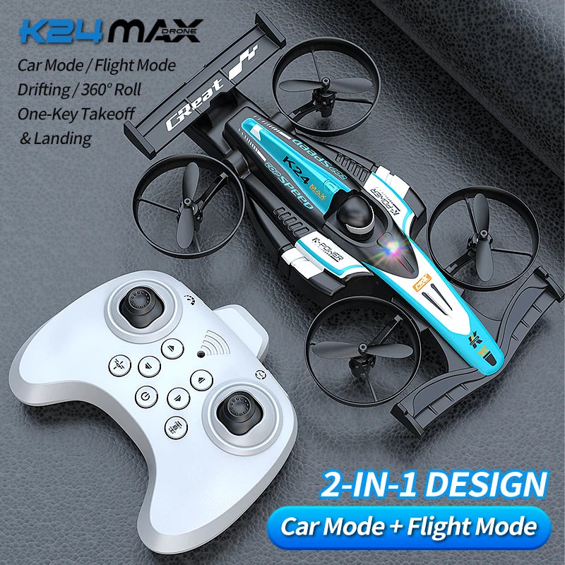Look here! A mini car and drone combo - a dual-mode, multi-functional gift! One-button takeoff, stable hovering, racing mode, headless mode, and 360Â° aerial flips. The perfect Christmas gift or a fun birthday present!
