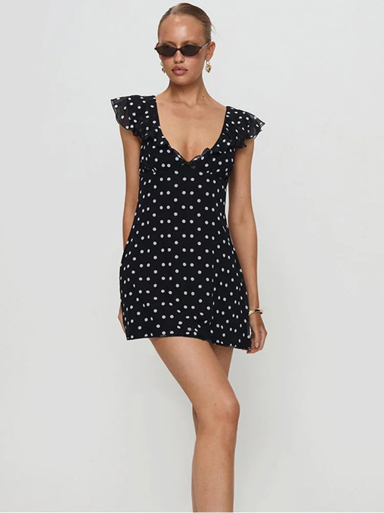 Women's French Style V-Neck Polka Dot Mini Dress A-Line Summer Sundress with Flying Sleeves for Holiday Fashion Outfit