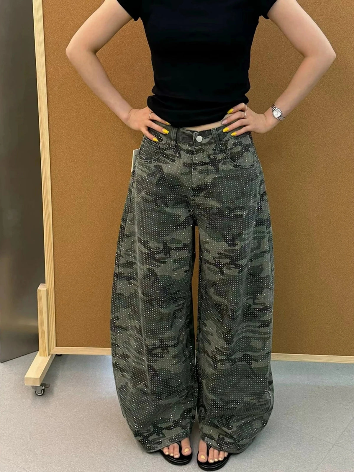 American Retro Rhinestone Wide Leg Camouflage Jeans Men Women Casual Loose Fit Long Pants Micro Flared Low Waist Denim