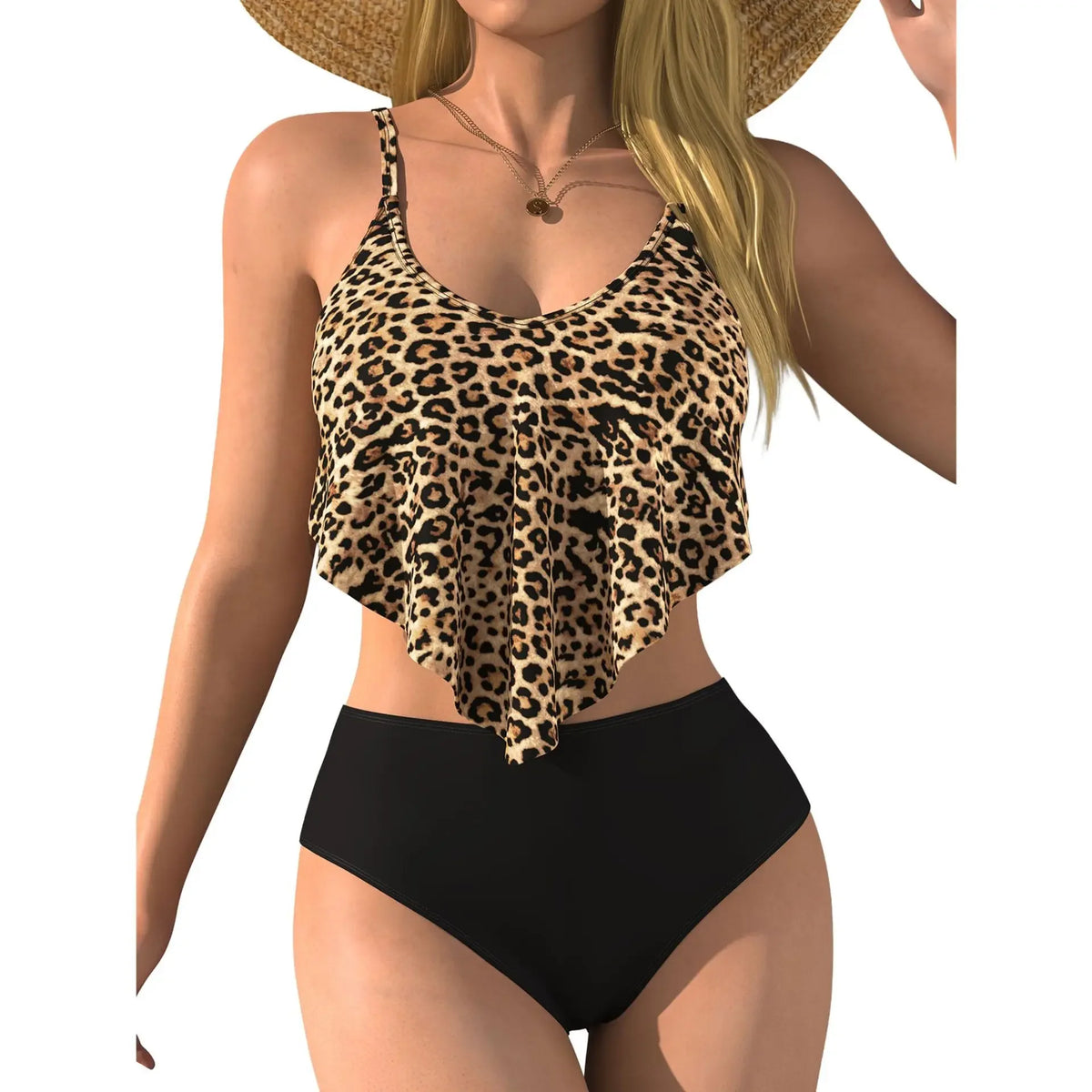 Two Piece Swimwear Leopard Print Ruffle High Waist Bathing Suit Women Summer Beachwear Tankini Style Swimsuit Bandage Bikini Set