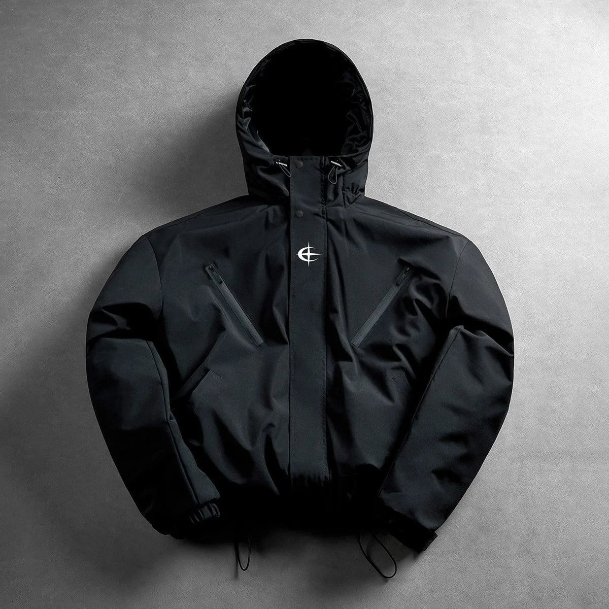 Men Hooded Windproof Jacket, Simple Logo Print on Chest, Diagonal Zipper Pockets, Adjustable Drawstring for Hood & Hem, Elastic Cuffs, Loose Fit, Water Resistant Fabric, Autumn Winter Outdoor Casual Outerwear