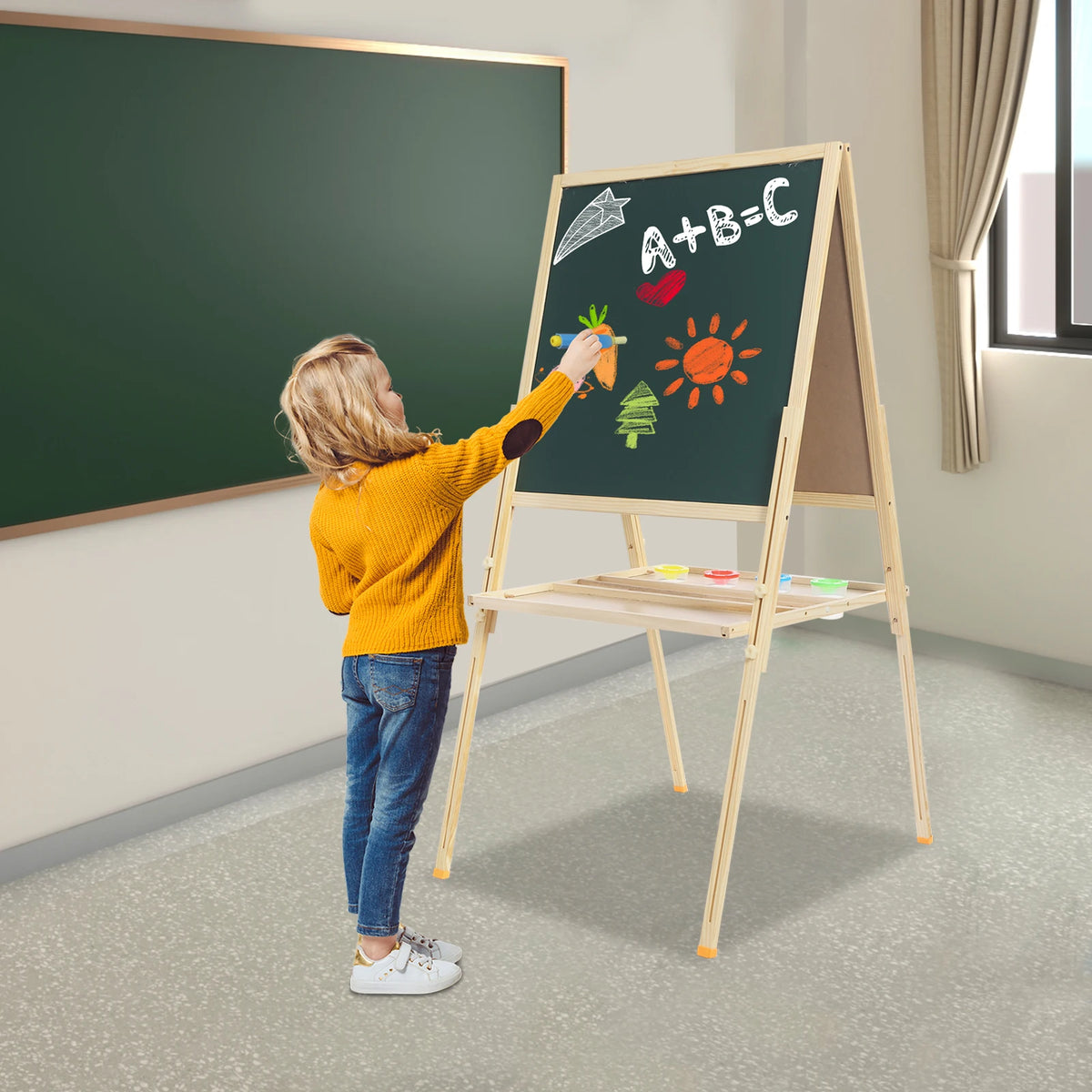 Wooden Kids Art Easel Adjustable 3-in-1 Magnetic Whiteboard & Chalkboard with Accessories for Creative Children Drawing