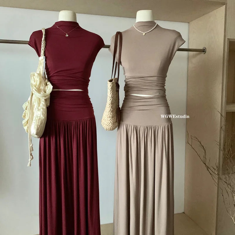 Elegant Women's Two-Piece Set Elastic Slim Fit Sleeveless T-Shirt Top Long Dress Casual Style Spring Summer Fashion Ensemble