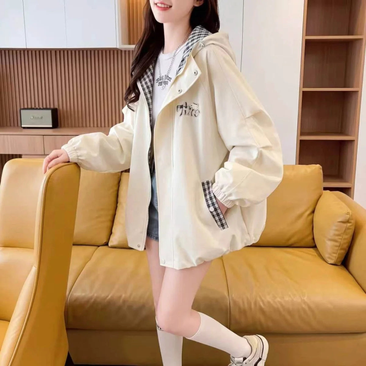 Korean Ladies Long Sleeves Casual Coat Spring Autumn Women Grid Patchwork Loose Top Outwear Female Fashion Hoodies Zipper Jacket