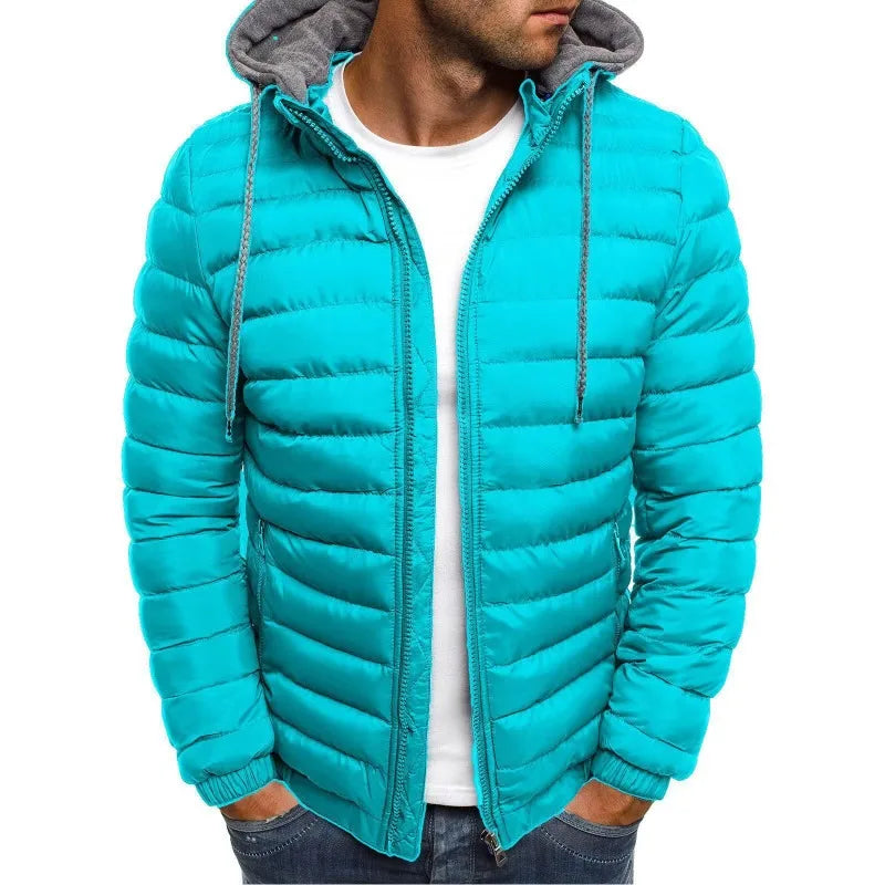 Korean Men Cotton Pad Parka Coat Autumn Winter Male Solid Warm Hooded Zip Up Hoodie Coats