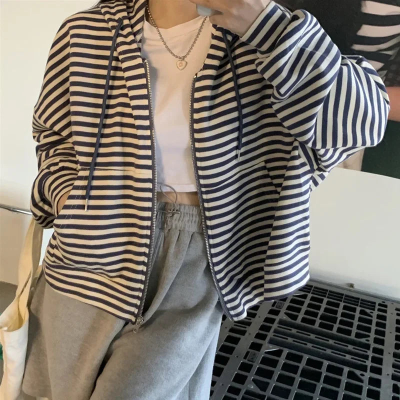 Women's Autumn Stripe Hooded Striped Loose-Fit Casual Thin Leisure Sweatshirt Long Zip-up Sense of Relaxation Jacket Streetwear