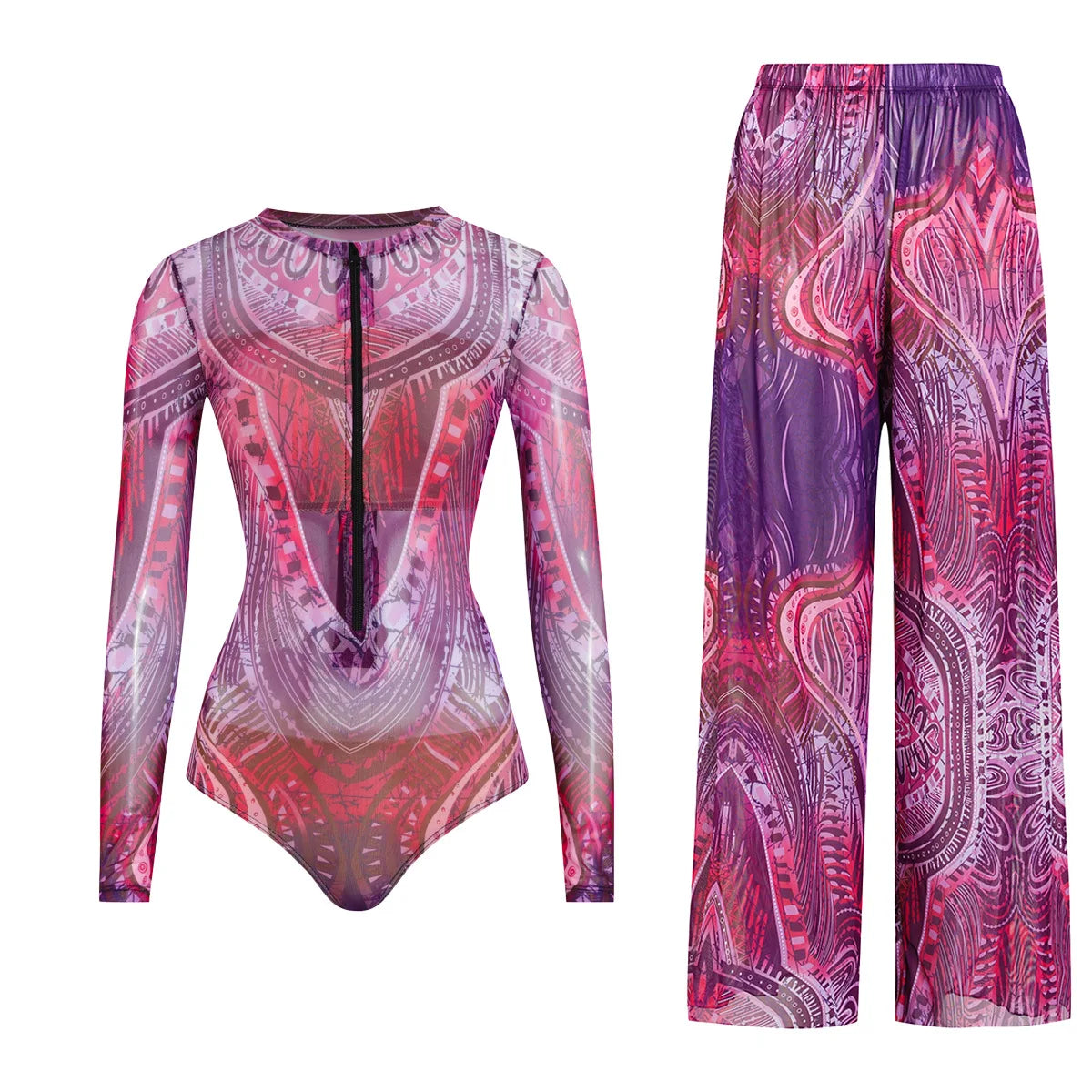 Women's Long Sleeve Swimwear Sunscreen One Piece Swimsuit High Elastic Thickened Mesh Loose Pants SPF35+ Fitness Beachwear