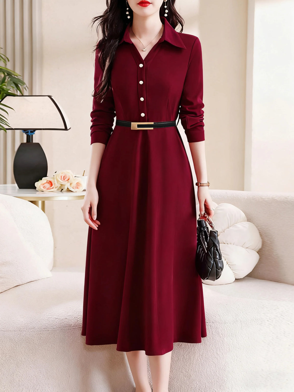 Women Elegant Midi Dress Long Sleeve Office Lady Shirt Dress Turn Down Collar Button A Line Party Work Dress Without Belt Casual