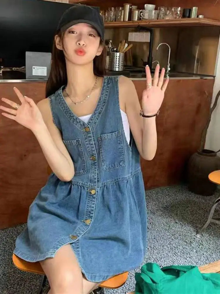 Sleeveless Strap Dress Women 2026 Summer Single-Breasted Pockets Denim Dresses Woman Korean Style Loose A Line Mini Dress