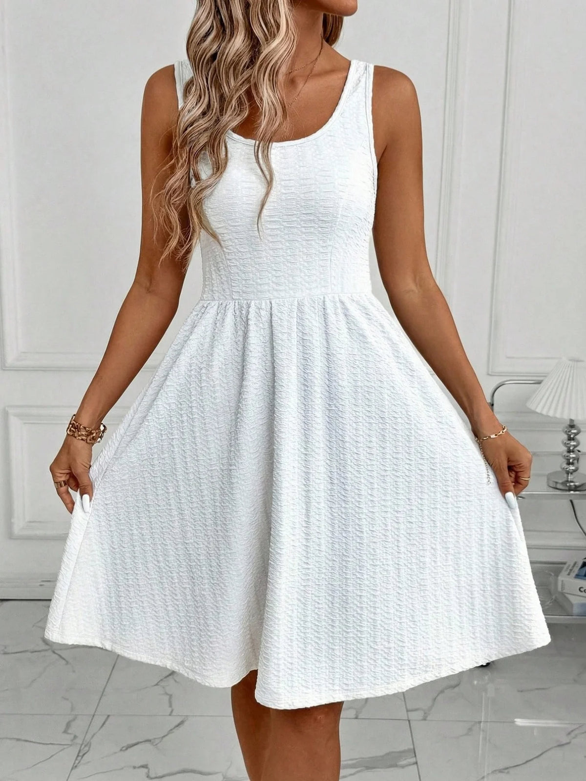Summer Women's Casual Versatile Solid Color Waist-Cropped Sleeveless Tank Top Round Neck Dress