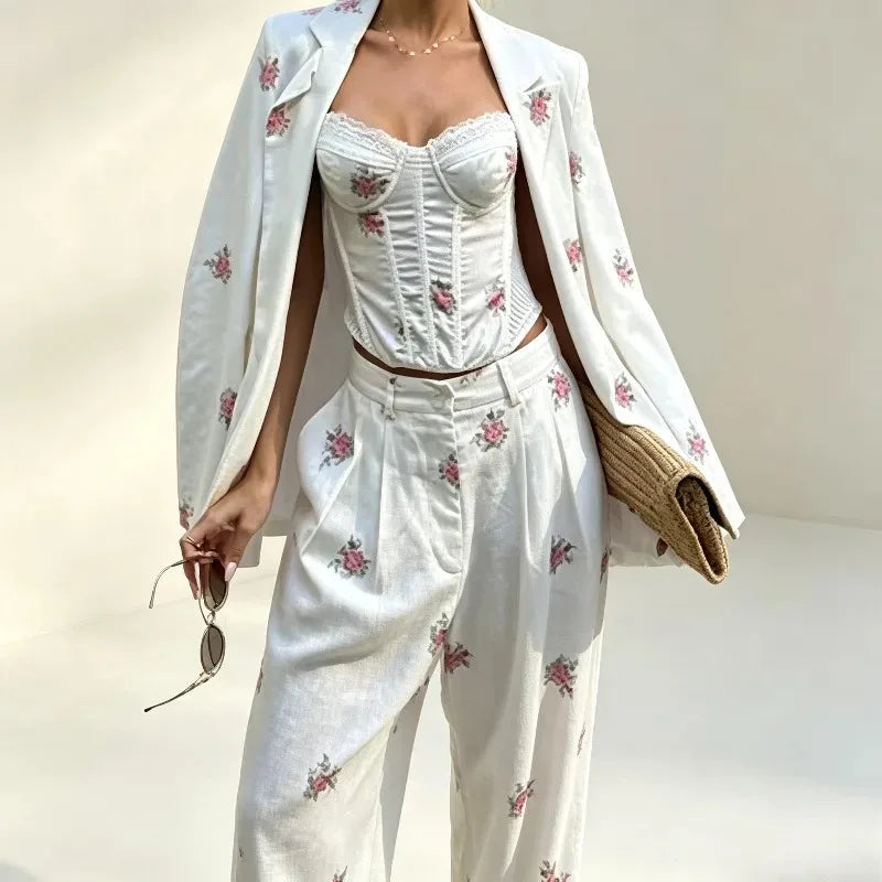 Spot-Floral Printed 3pcs Sets for Women Strap Corset Lapel Blazer Jacket Straight Pants Lady Set Fashion Vacation Outfits Suits