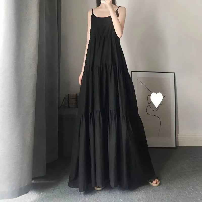 Women Sleeveless Spaghetti Strap Layered Solid Color Long Maxi Dress Oversized Flowy Dress Holiday Resort Wedding Guest Outfit