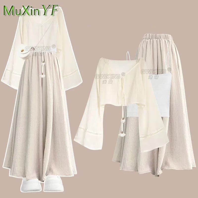 Women 2026 Summer Chiffon Sunscreen Shirt+Strap+Loose Skirt Pants 3-Piece Suit Korean Elegant Casual Tracksuit Matching Set