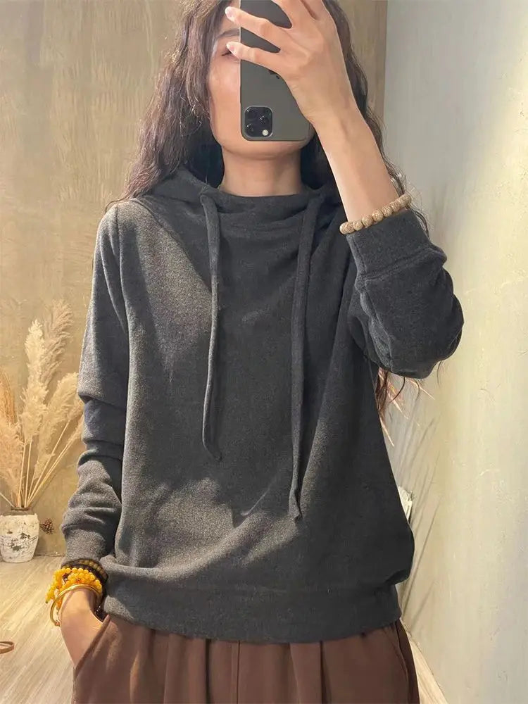 Brown Warm Tech Fleece Hoodie Sweatshirts Long Sleeve Middle-Age Casual Loose Basic Hoodies Autumn Winter Outwear Tops
