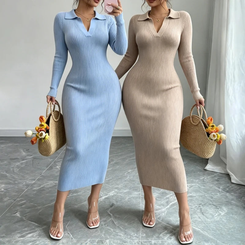 Women Knit Maxi Dress Lapel V Neck Long Sleeve Elastic Bodycon Sweater Dress Elegant Slim Fit Pencil Long Dress Party Outfit