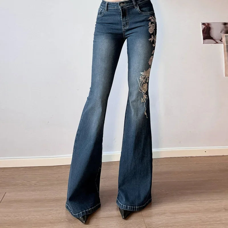 Women Retro Y2k Jeans Baggy Floral Embroidery Jeans Vintage 2000s Low Rise Flared Denim Pants High Street Basic Trousers
