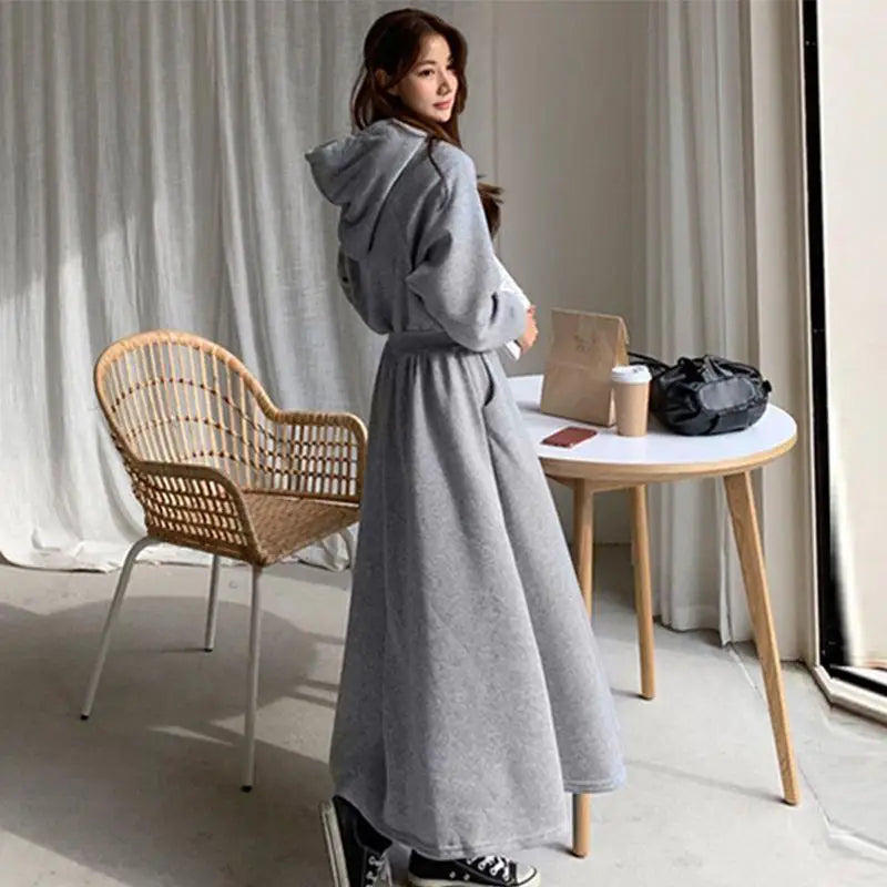 Korean Style Autumn Winter Hooded Sweatshirt Dress Plus Size Slimming Waist Cinch Solid Color Long Gown for Students Women Casua