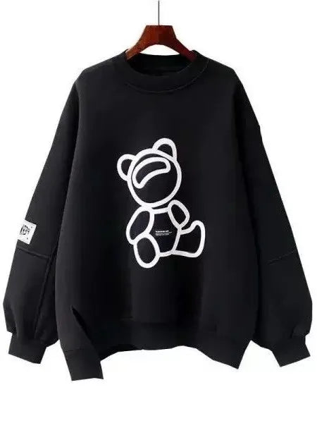 Sweatshirt Korean Style Bear Print Fleece Lined Thickened Loose Women's Sweatshirt Fashionable Neutral Style White Autumn Winter New Arr...