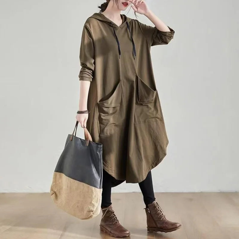 Plus Size Dresses Hooded Oversizes Autumn Loose Fashion Korean Solid Color Pockets Long Sleeve Midi Dress Maternity Coat Jacket