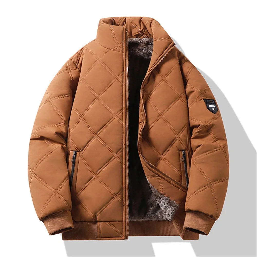 Windproof Thermal Diamond Quilted Jacket Men Winter Men's Fleece-Lined Thickened Parkas Man Cuff Design Stand-Up Collar Jackets