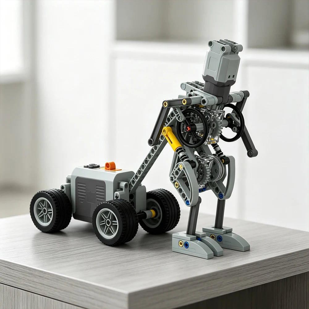 DIY MOC Mechanical Walker – Robot Pulling Wheeled Load, Interlocking Brick Set for Creative Assembly & Kinetic Art Display