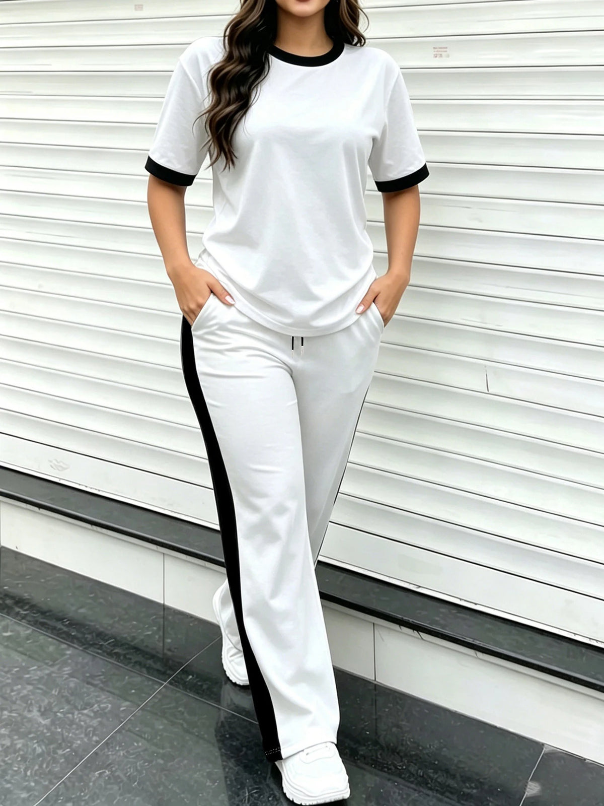 Everyday versatile casual outfit, solid color women's two-piece set, loose-fitting and flattering women's suit, youthful and age-reducing short-sleeve long pants jogger set, autumn and winter school wear, women's clothing