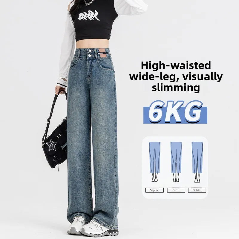 Slim Wide Leg Denim Jeans High Waist Double Bule Straight Cut Pants for Women Bla ey Autumn Arrival Faionable Wea...