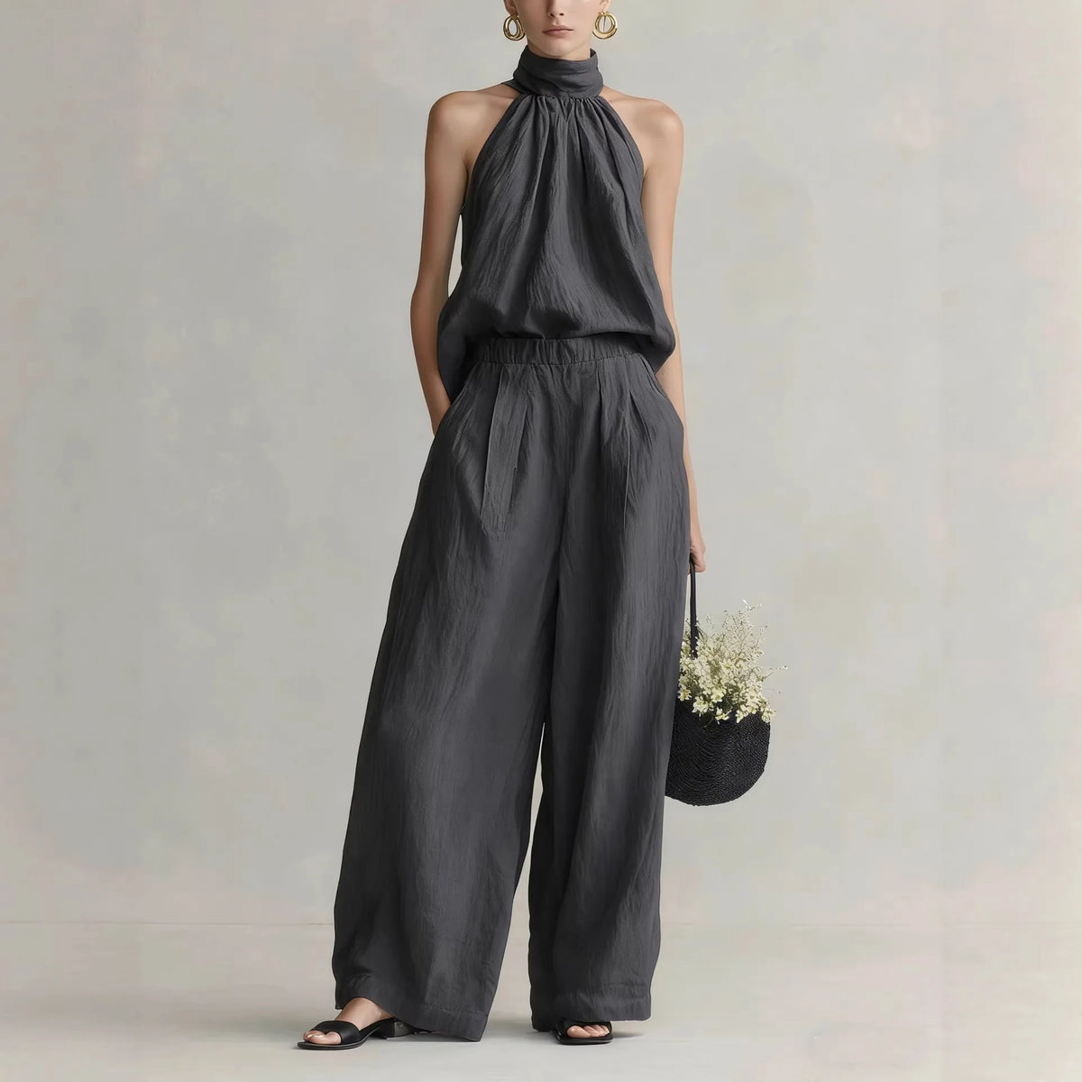 Women's 2026 Summer Style Sleeveless Neck-Hanging Top + High-Waisted Drapey Wide-Leg Pants Leisure Set