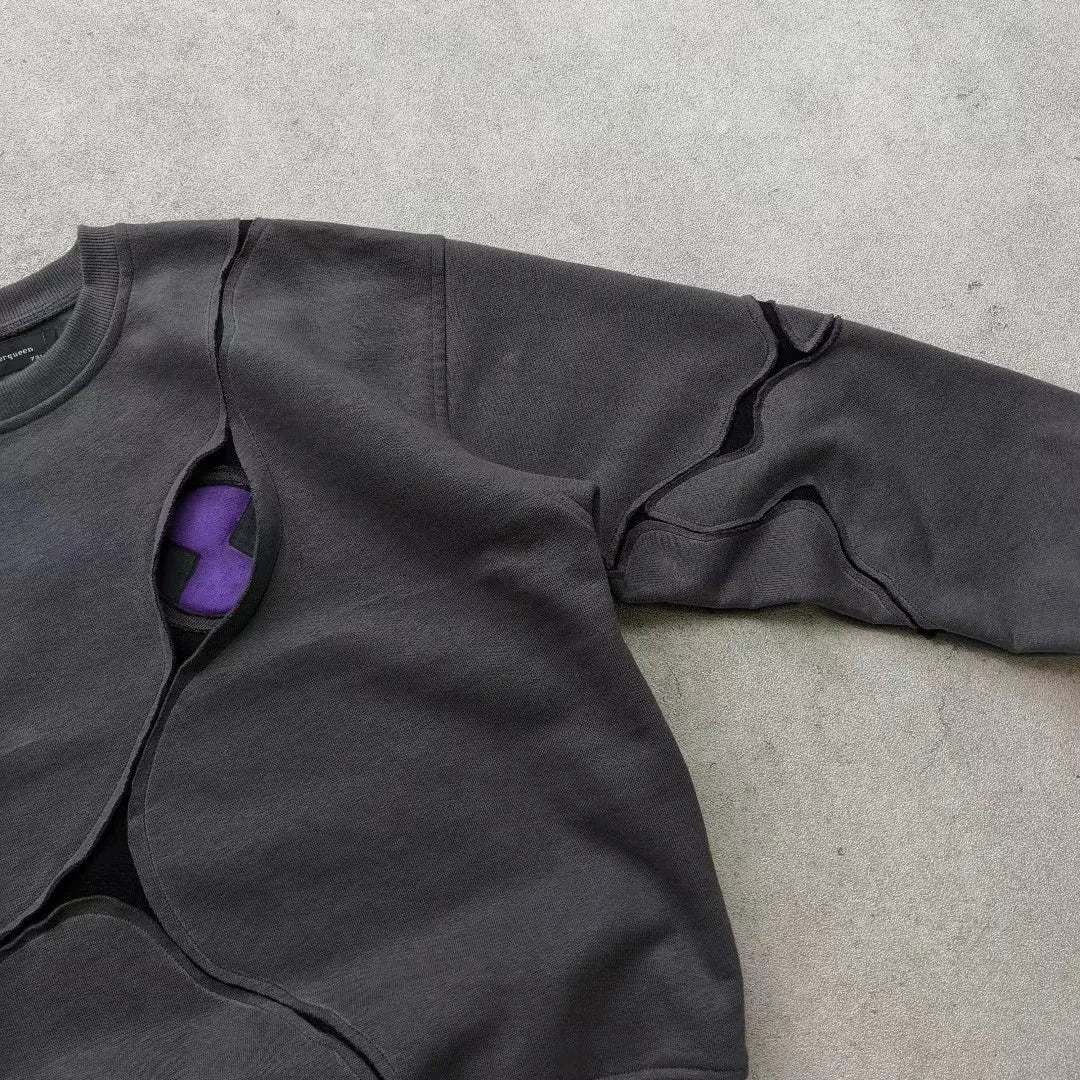 High Street Dark Purple Patchwork Vintage Loose Hoodie New Japanese Harajuku Anime Irregular Slit Design Loose Casual Couple Top