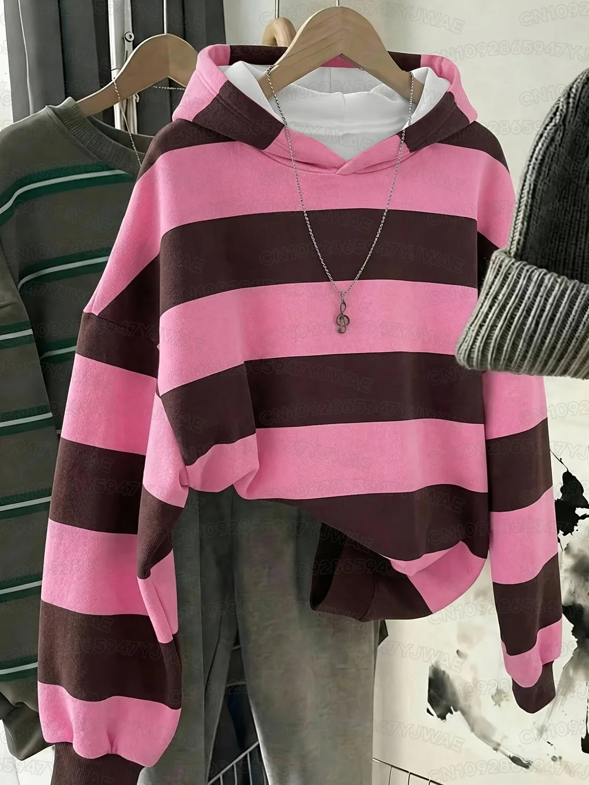 Autumn and Winter Women's Men's Colorblock Casual Daily Hooded Sweatshirt Striped Print Hoodies Y2K Sweatshirt